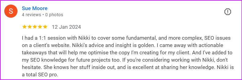 I had a 1:1 session with nikki to cover some fundamental, and more complex, seo issues on a client's website. Nikki's advice and insight is golden.