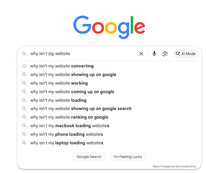 google search showing predictive searches