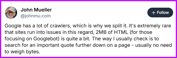 Google updated its crawl file size limits and you probably don't need to care John mueller saying 'don't worry about html size'