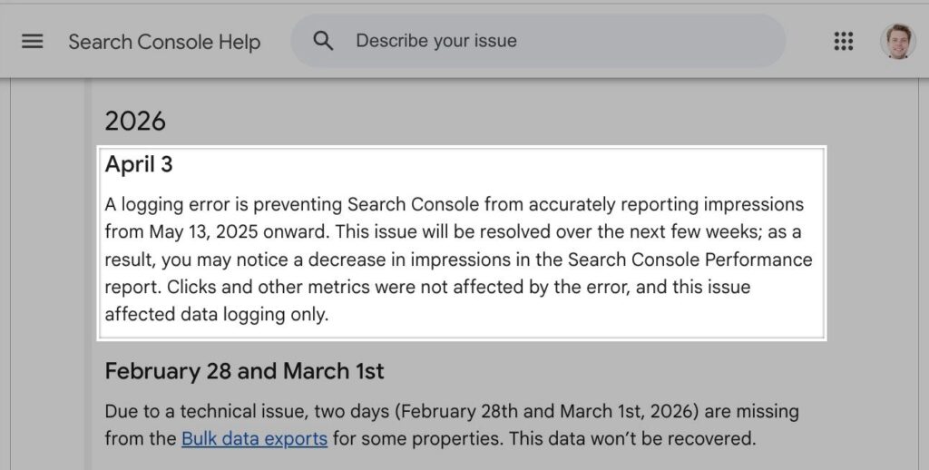Google search console impressions error announcement