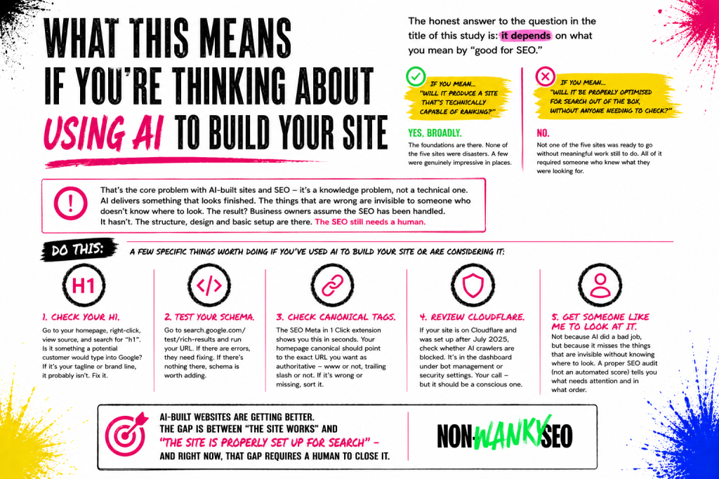 Are ai-built websites any good for seo? I audited 5 to find out Inforgraphic that literally combines the text stuff below - read that instead because this was compile by chatgpt