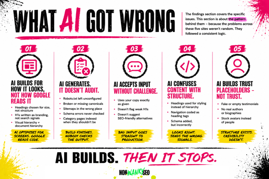 Are ai-built websites any good for seo? I audited 5 to find out What ai got wrong graphic based on the text below, generated by chatgpt